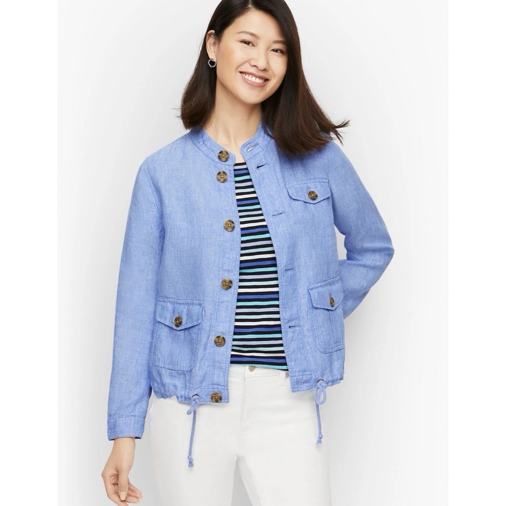 Talbots Women's Washed Linen Jacket Size M Button Flap Pocket Drawstring Waist
